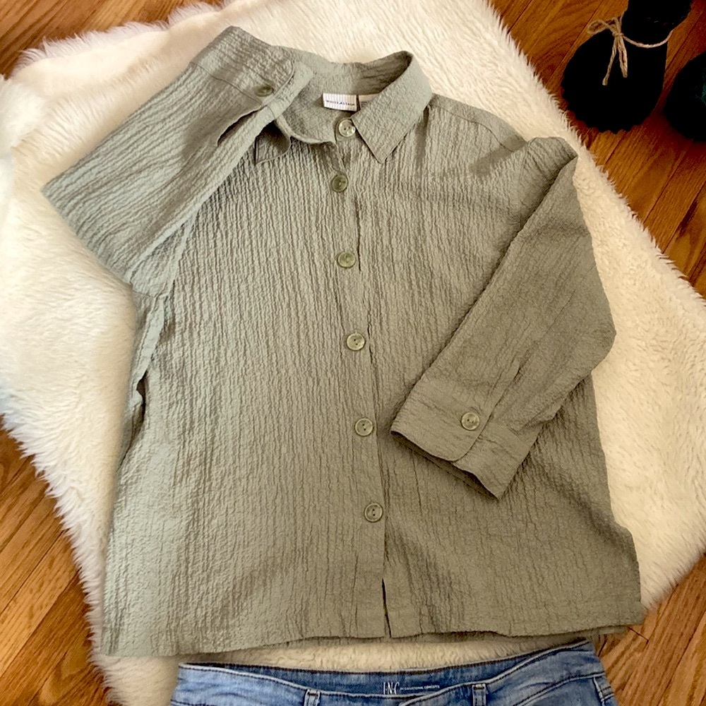 VTG Lagenlook Gauzy Button Down Crinkle Shirt Dusty Sage Light Green L (12/14)